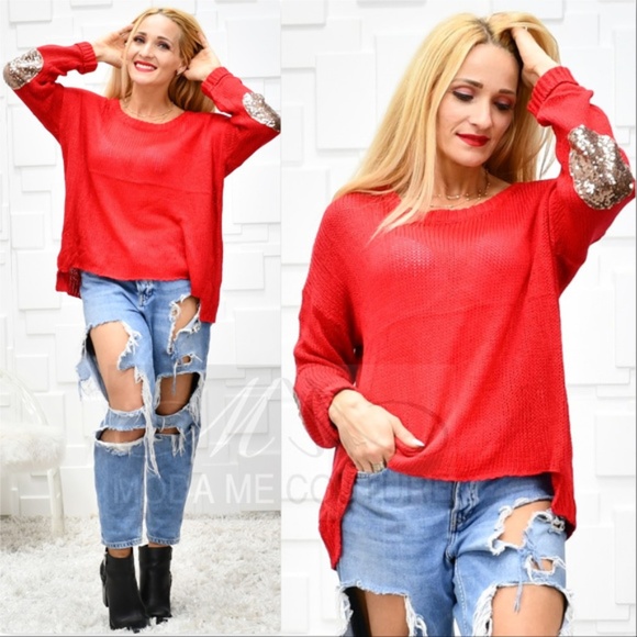 MODA ME COUTURE Sweaters - ROSE Red Sweater Sequin Elbows